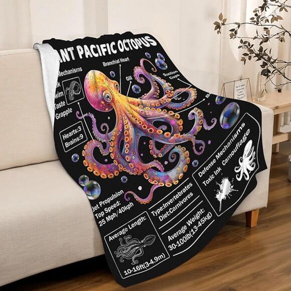 Octopus Throw Blanket, Anatomy Print,  50" x 40" Kids - Picture 2 of 4